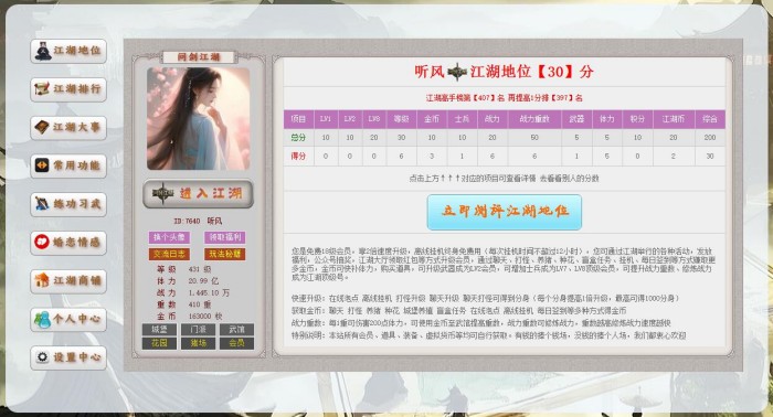 问剑江湖江湖地位测评界面截图，展示综合评分及各维度得分